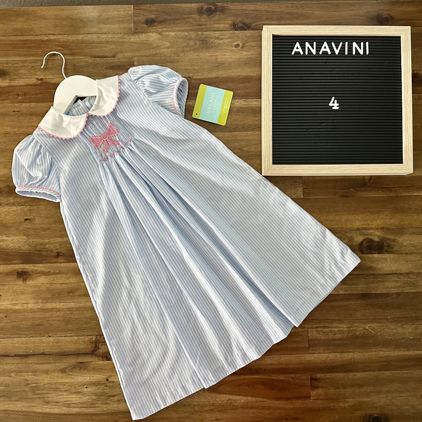 Nwt Anavini Velani Classics Blue Stripe Bow Smocked Short Sleeve Dress Preppy 4